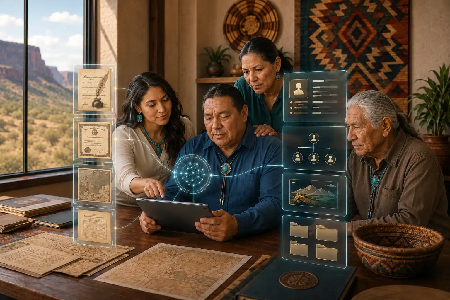 A group of people reviewing documents together around a table
