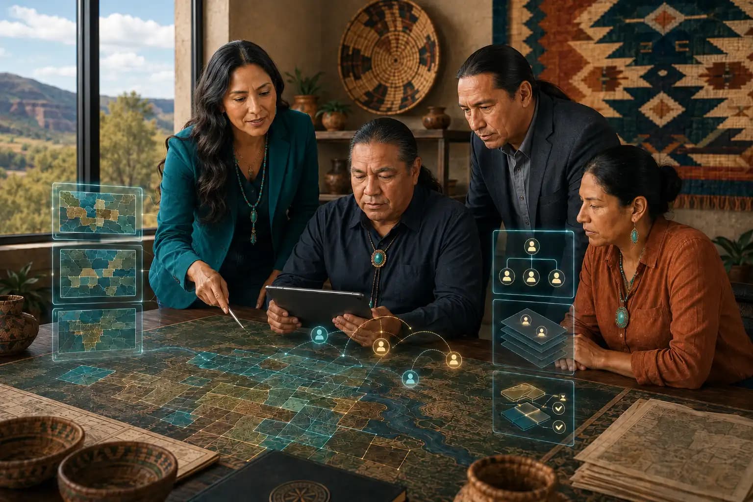 A group of people reviewing documents together around a table
